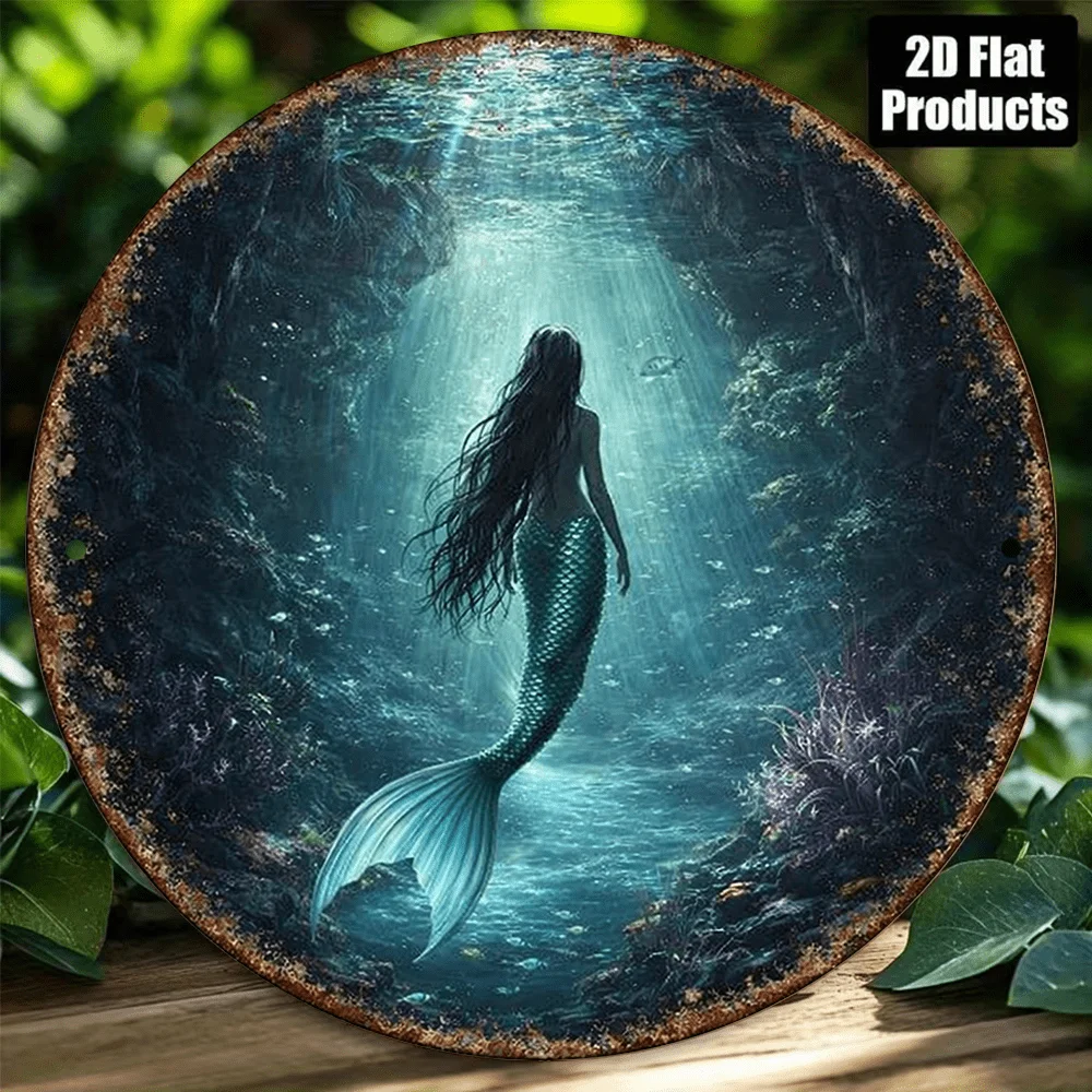 2D Flat Round Sign, Mermaid-Themed Vintage Plaque, Mysterious Underwater World Decorative Sign, Suitable for Bedroom Decor,