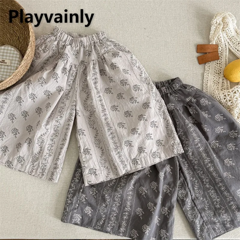 

Children Korean Style Ankle Length Pants Beige Grey Floral Print Casual Loose Wide Leg Pants Girls Trousers for Autumn A6055