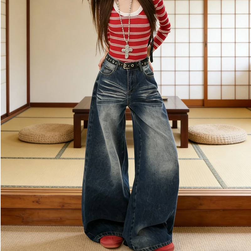 Retro Y2K hoge taille wijde pijpen jeans dames noodlijdende denim uitlopende broek rechte pijpen vintage stijl losse fit broek