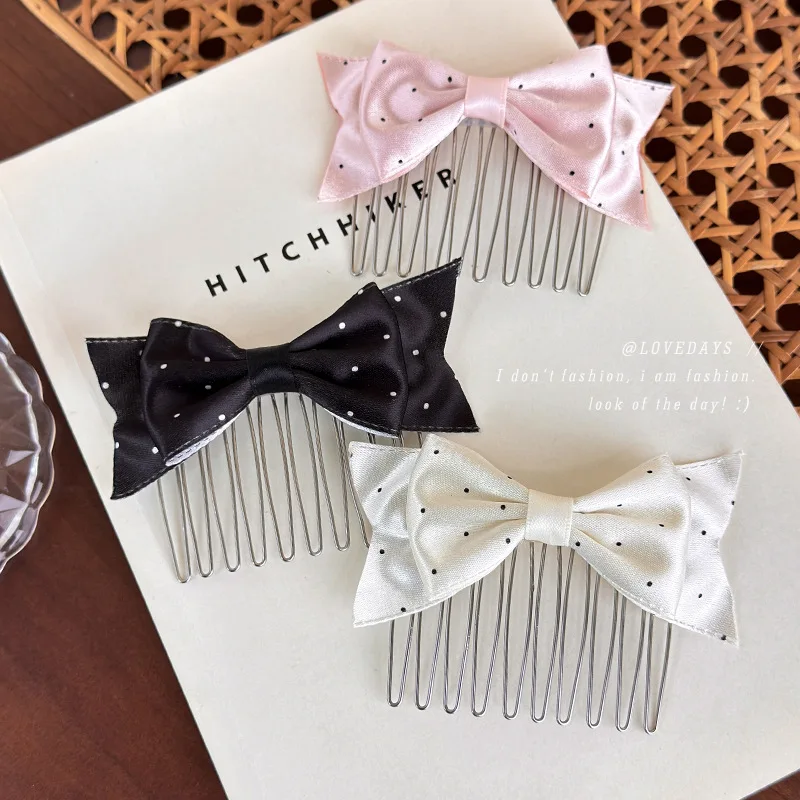 

1pc 2026 New Polka Dot Bow Side Comb Hair Clip for Women Back of Head Half Up Ponytail Holder Flyaway Hair Chic Daily
