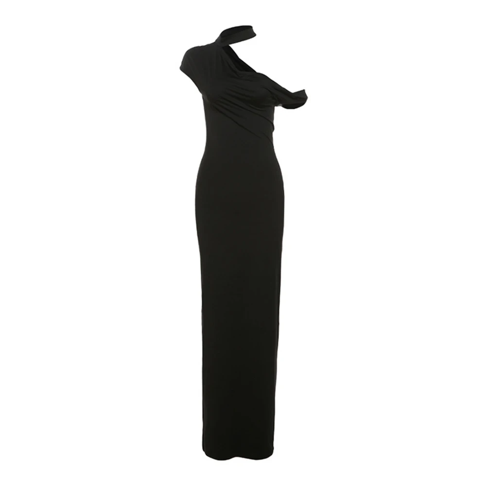 

Sexy Solid Black Women Slanted Off The Shoulder Halter Collar Design Dress Slim Fit High Forked Party Dress Elegant Simple Dress