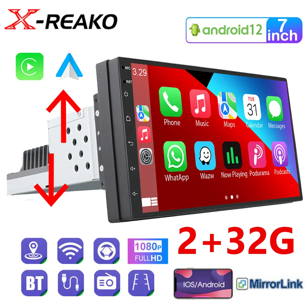 

X-REAKO 7 '' 1 Din Car Radio Android 12 Carplay Android Auto Multimedia Gps Navigation Bluetooth Wifi Usb Phonelink