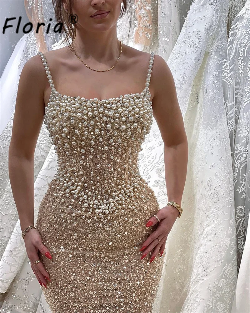 Vestido de lantejoulas com pérolas e lantejoulas, vestido de festa formal com alças de espaguete, vestido sereia para baile de casamento, moda Dubai