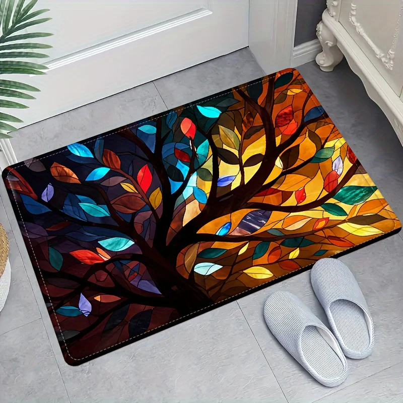 1pc 2D Flat Stained Glass Tree Colorful Leaves Flannel Door Mat Non Slip Artistic Rug For Entryway Living Room Floor