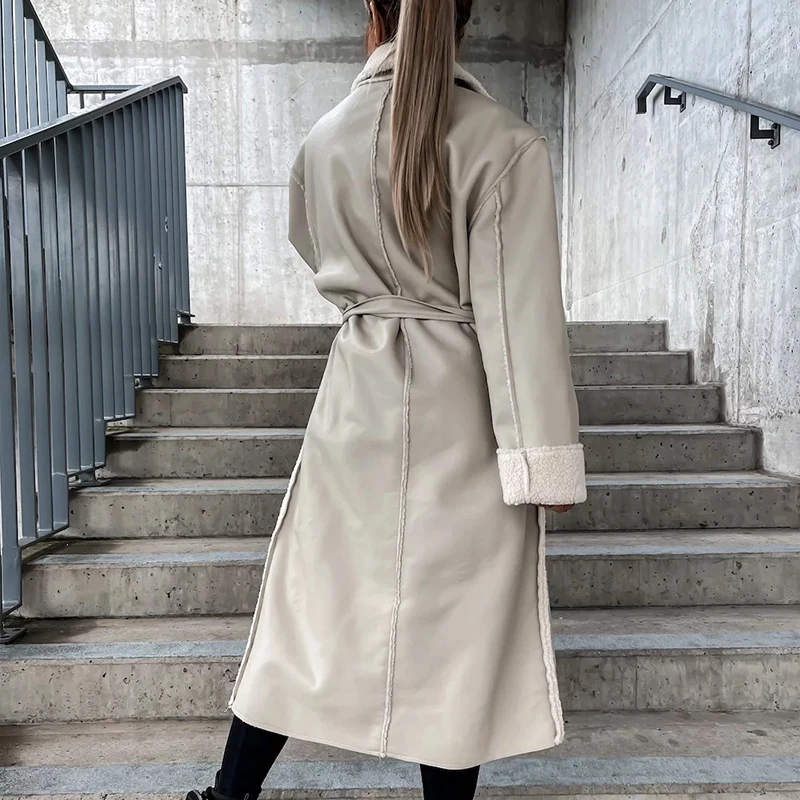 Abrigos largos holgados con cordones para mujer, chaquetas de algodón cálidas con bolsillo de lana de cordero, rompevientos acolchado de cuero