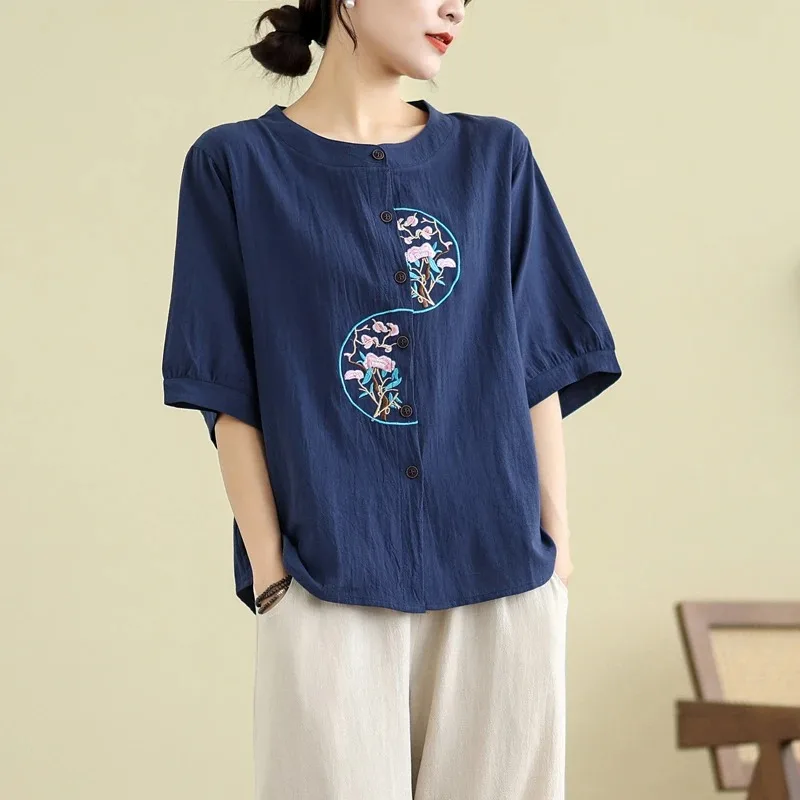 

Women's Linen Blend Embroidered Short Sleeve Shirt Casual Summer Blouse