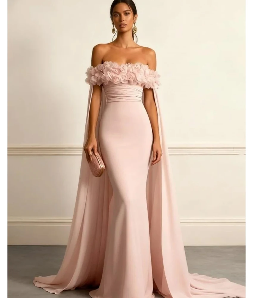 

MCDV Customized Graceful Jersey Mermaid Off the Shoulder 3D Flowers Evening Dress Delicate Boat Neck Floor Length Prom Gowns