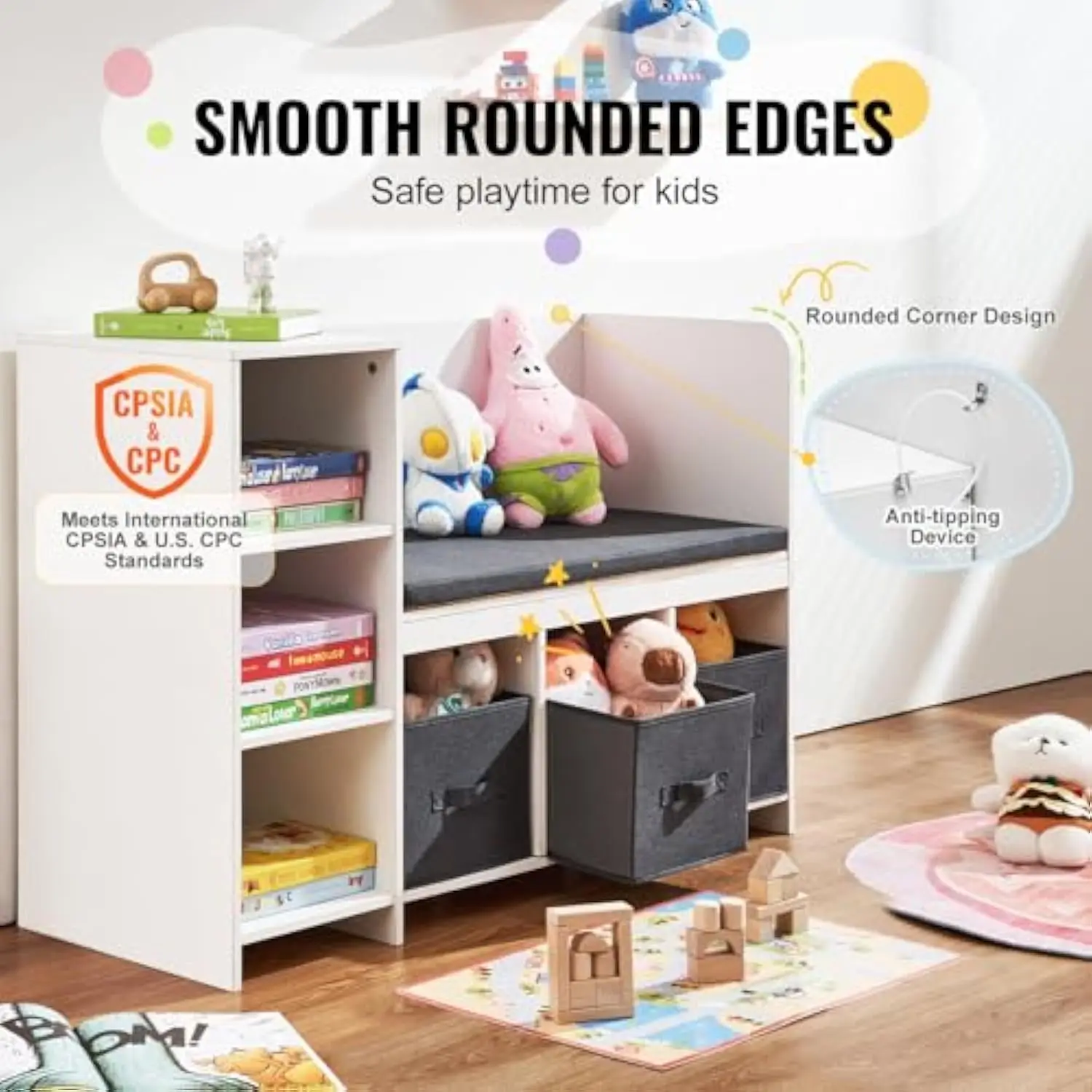 Kids Reading Nook Bench, Toddler Bookshelf and Bookcase with Detachable Seat Cushion, 6-Cubby Storage Organizer Bench with 3 D