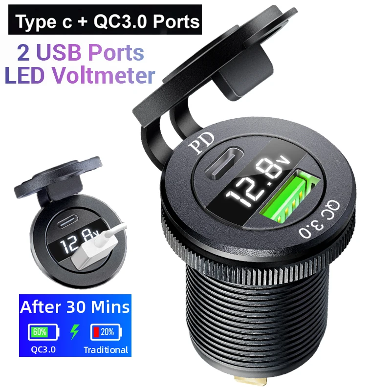 USB Quick Charge 3.0 36W USB Fast Charger Socket Power Outlet PD type c adapter LED Voltage Display for 12V/24V Cars Boats