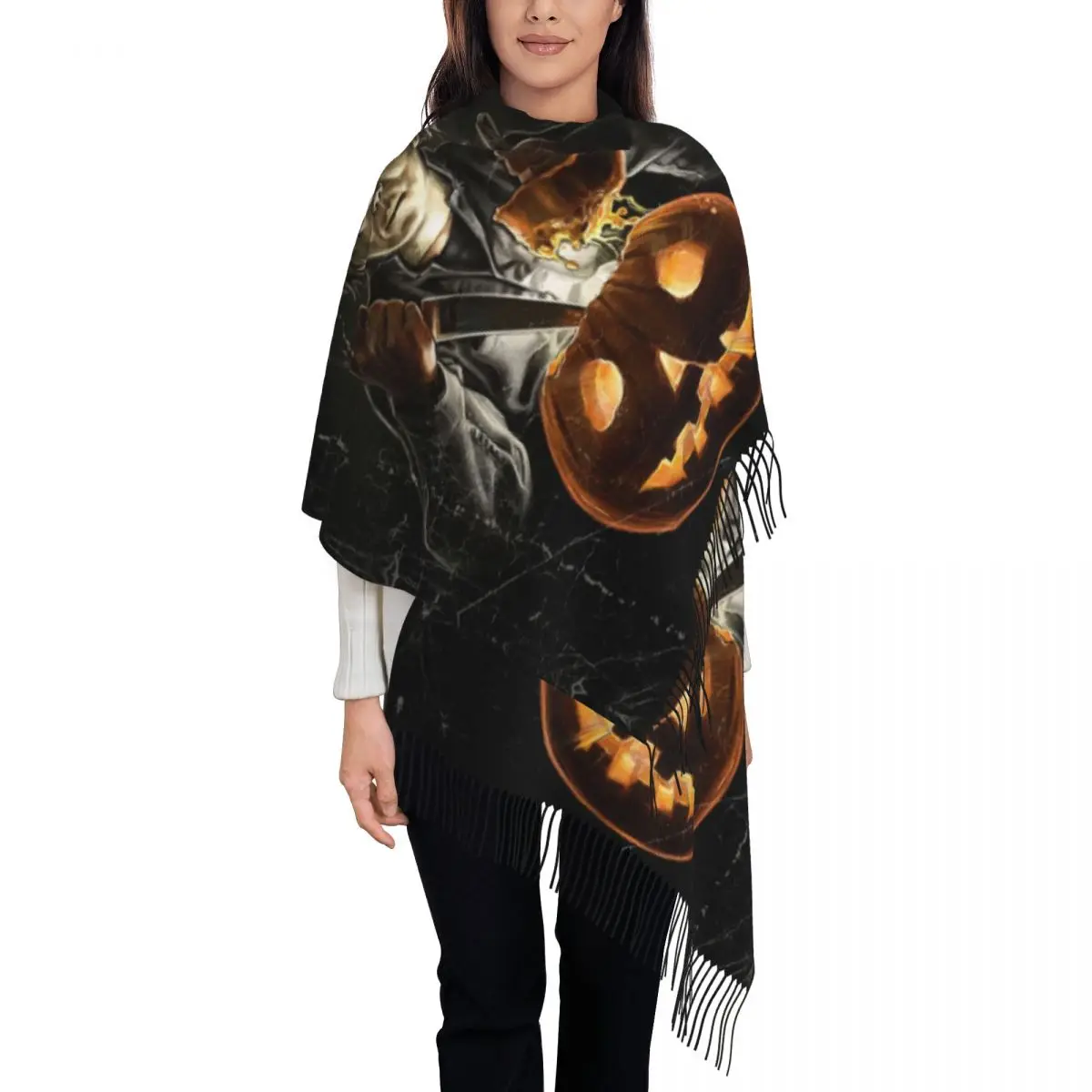 Custom Halloween Michael Myers Scarf Wrap Women Long Winter Warm Tassel Shawl Unisex Horror Movie Killer Scarves