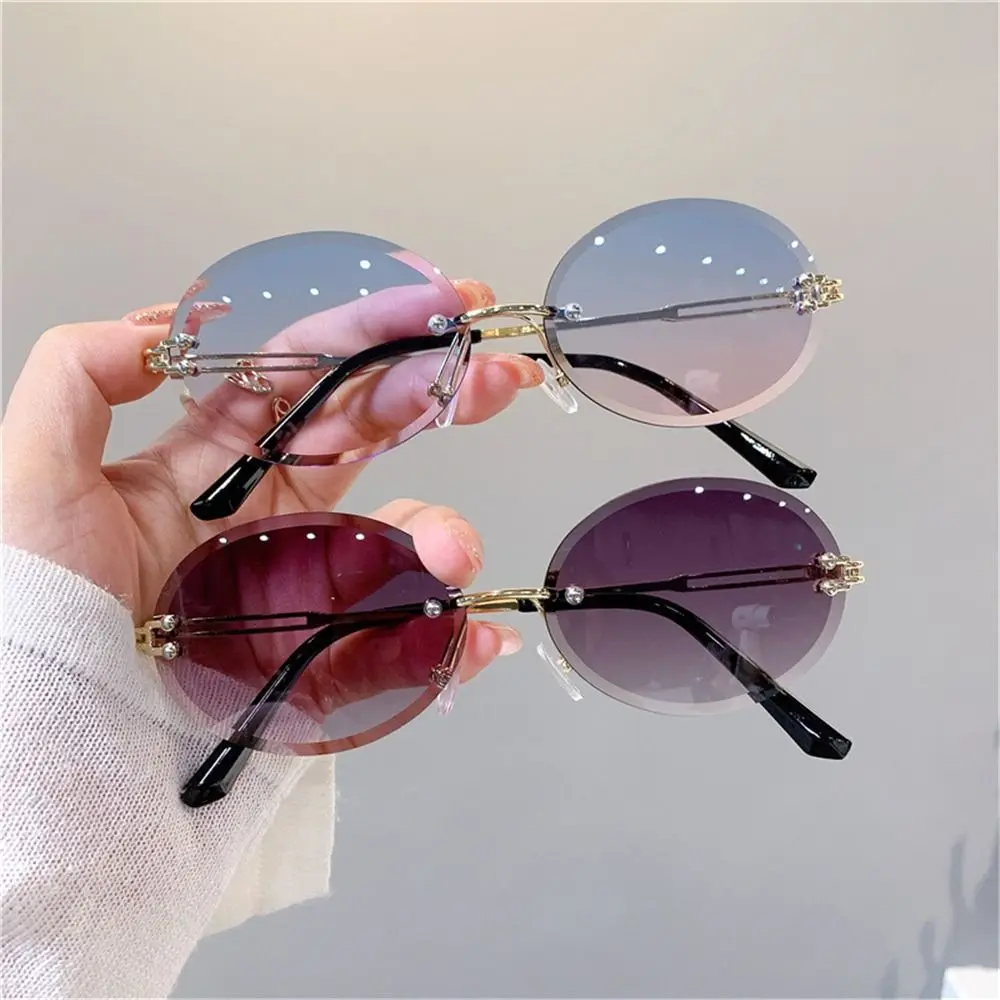 Vintage Metal Oval Sunglasses UV400 Protection Gradient Lens Punk Sun Glasses Rimless Frameless Shades for Women & Men