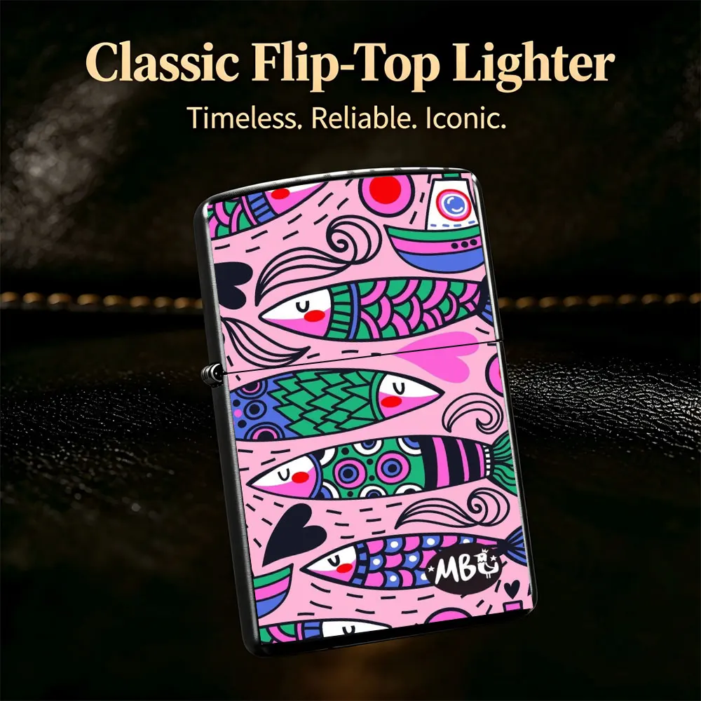 Pocket Lighter, Flip-Top Windproof Design, Metal Shell, Pink Fish Print, Ergonomic Grip, Durable & Reliable - Perfect for Daily Use