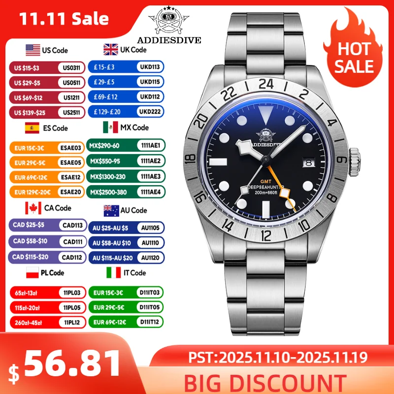 

ADDIESDIVE Stainless Steel Men GMT Watch Super Luminous 200m Waterproof Mens Wristwatch Fashion Men's Quartz Watches AD2035