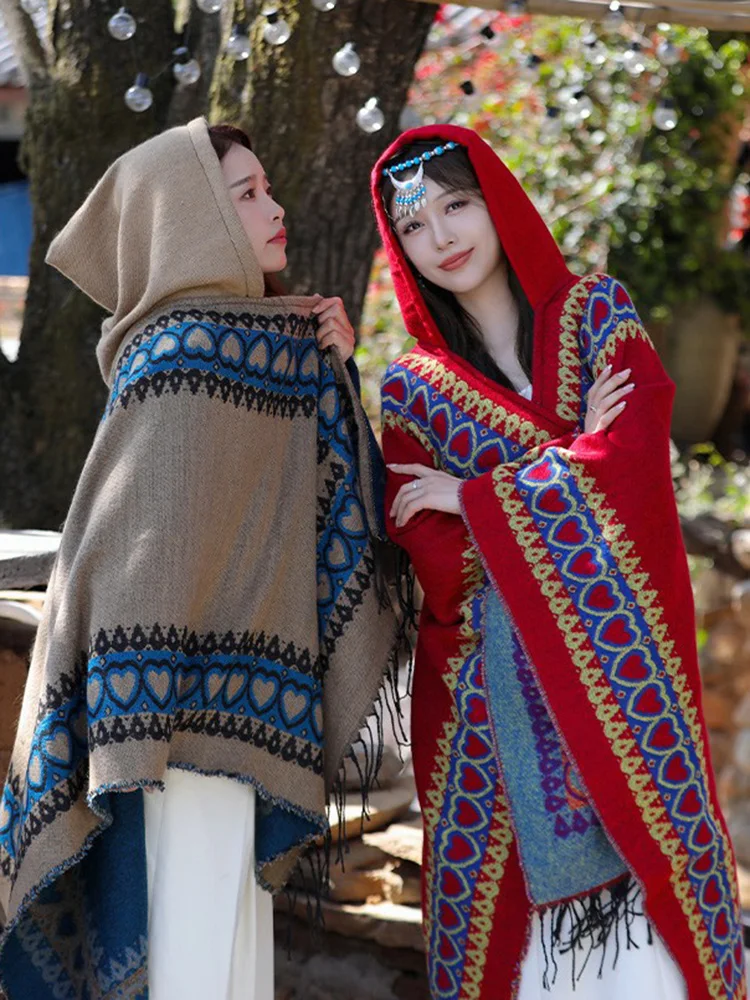 GypsyLady Vintage Knitted Chic Cloaks Capes Hooded Boho Spring Auturm Warm Blue Women Ethnic Capes Tassels Cloak Poncho Outwear