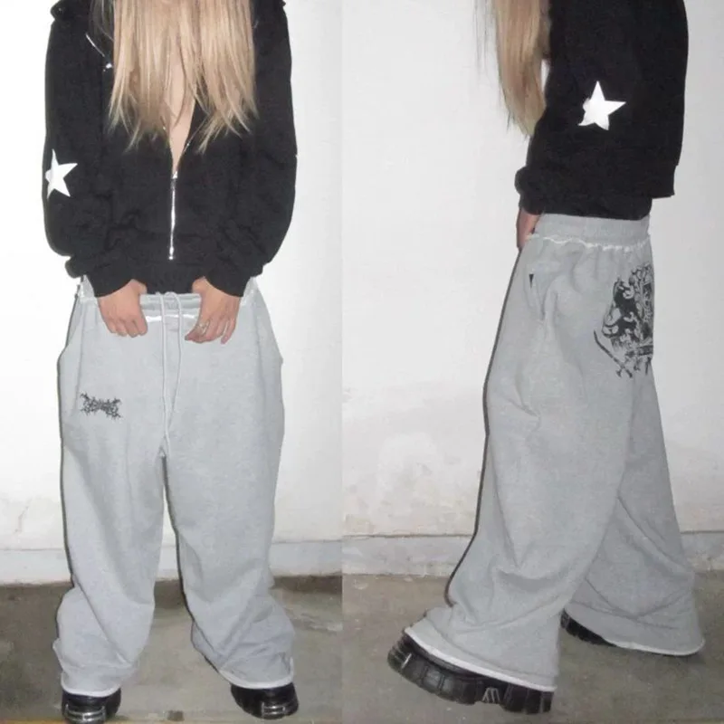 

Y2K Fall Women's Harajuku-Inspired Gothic Vintage Print Lace-Up Low-Rise Flared-Hem Design Pants Casual Straight-Leg Trousers