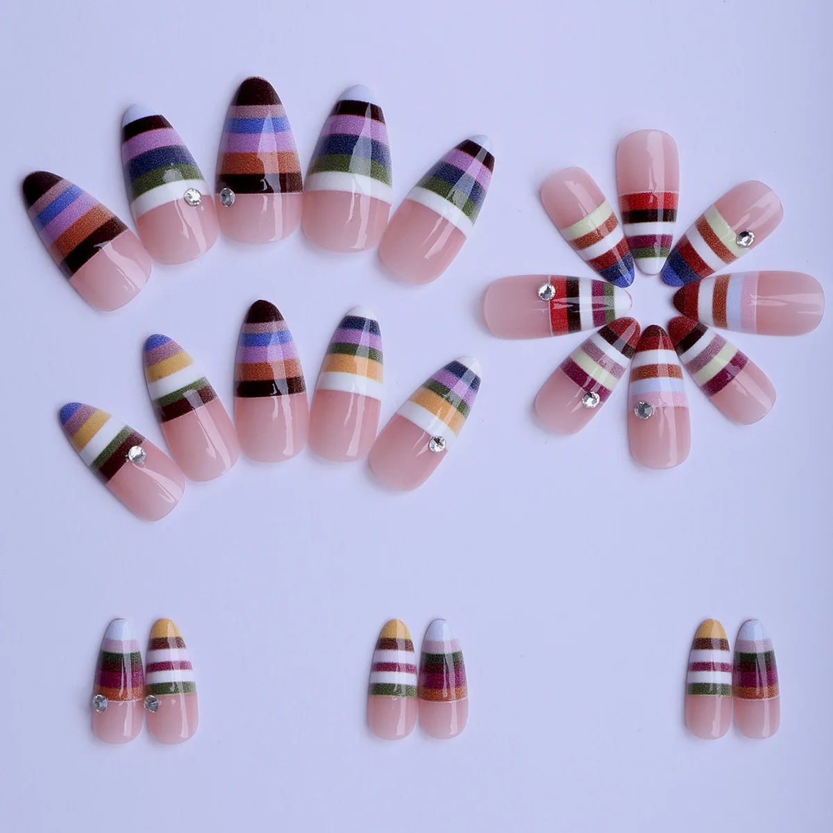 24pcs INS Colorful Strip Printed Press on Nails Sweet Cool Almond Fake Nails for Women Girls Manicure DIY Wearable False Nails image 2