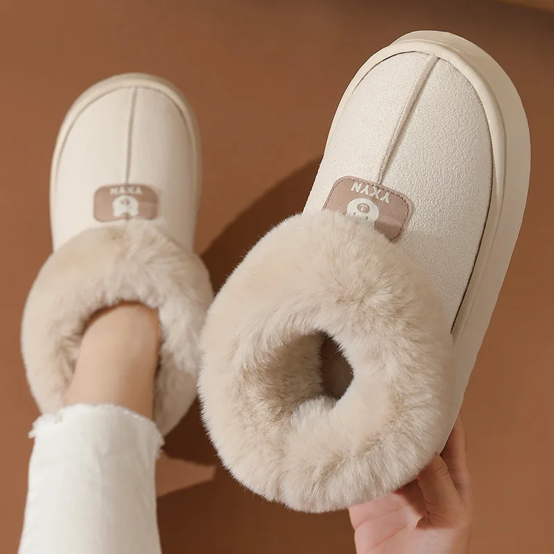 Trendy Faux Suede Womens Winter Boots Fluffy Fur Collar Warm Cotton Shoes Indoor Outdoor Slip On 36 45