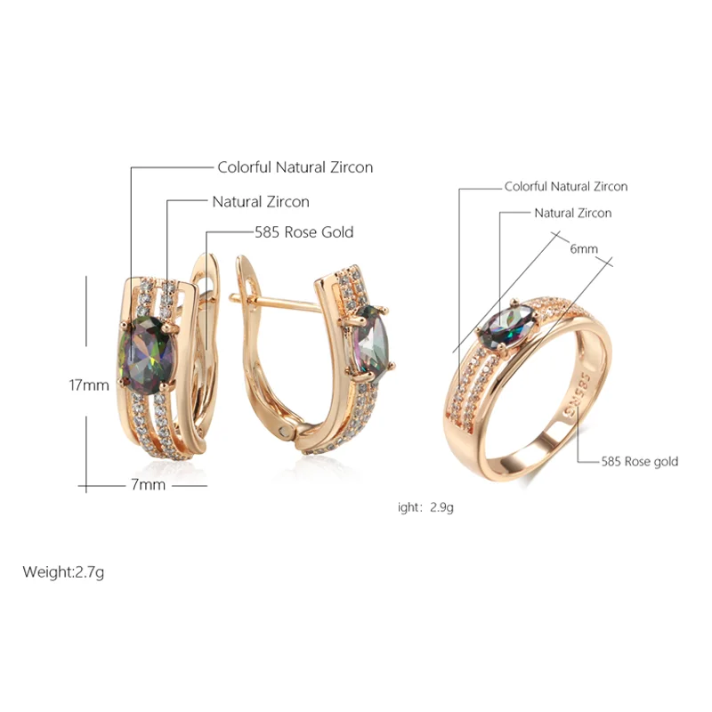 Wbmqda New Fashion Colourful Zircon Drop Earrings Ring For Women 585 Rose Gold Color Luxury Wedding Party Fine Jewelry Sets