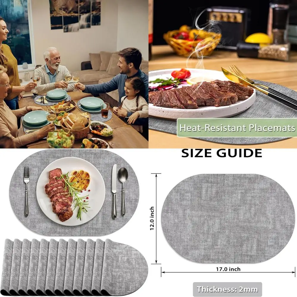 

Gray Oval Faux Leather Placemats Set, 12 Pack, Waterproof & Heat Resistant, Non-Slip for Indoor/Outdoor Use