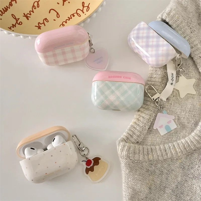 Cute Summer Color Contrast Plaid Pattern Earphone Case For Airpods 4 3 2 1 Pro2 Pro3 Wireless Bluetooth Cover Shell with Pendant