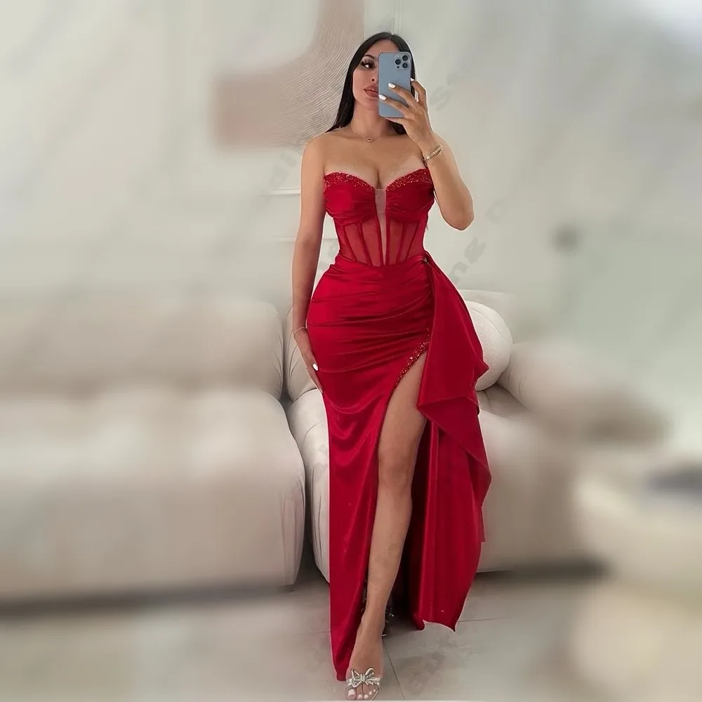 2025 sexy requintado vermelho vestidos de noite querida beading alta divisão cetim sereia formal baile de formatura vestido de festa robe de soriee