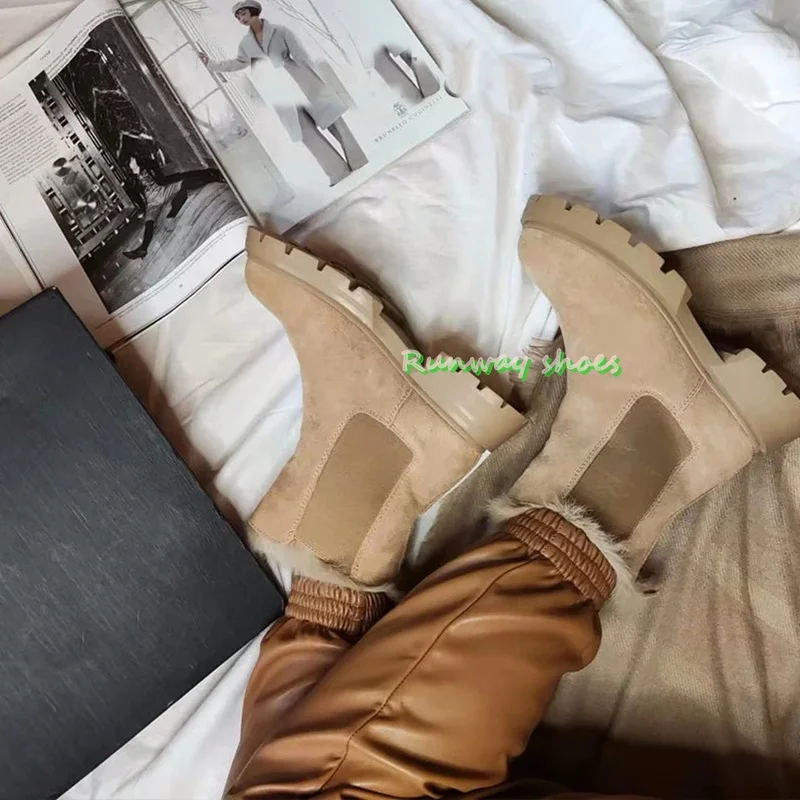 

Suede Casual Boots Wide Head Platform Solid Color Low Heels Ankle Boots Fleece-Lined And Thickened Brown Handmade Women's Boots