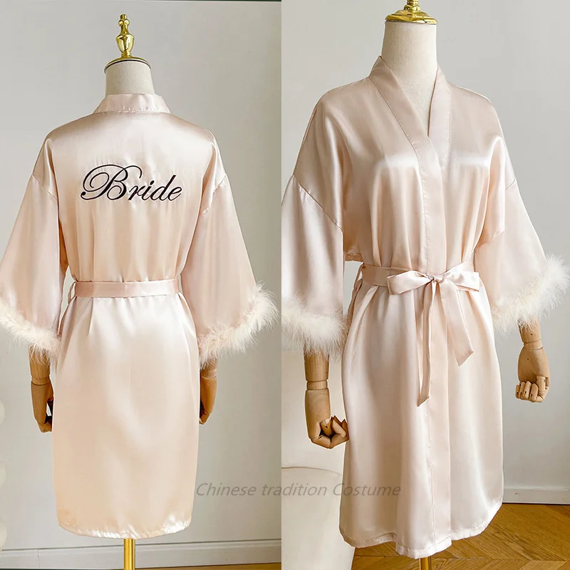 Wedding Bride Bridesmaid Robe Satin Kimono Intimate Lingerie Lady Sexy Feather Sleeve Bathrobe Nightgown Short Sleepwear Onesize