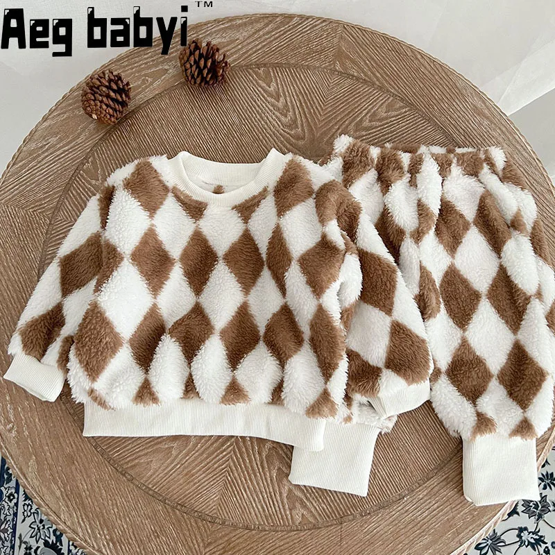 

Baby Hairy Set Kid Boy Girl Fashion Plaid Pullover Long Sleeves Keep Warm Tops + Comfortable Soft Double Sided Fleece Pants 0-3y