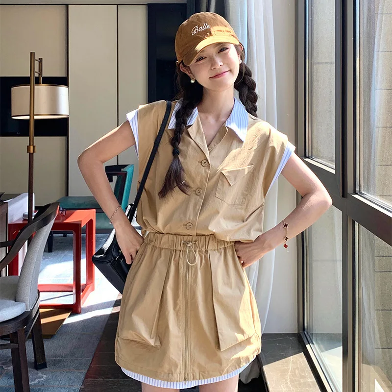 

2025 Summer New Leisure Suit Patchwork Striped Single Breasted Sleeveless Vest For Women Drawstring Mini Skirts Set Female