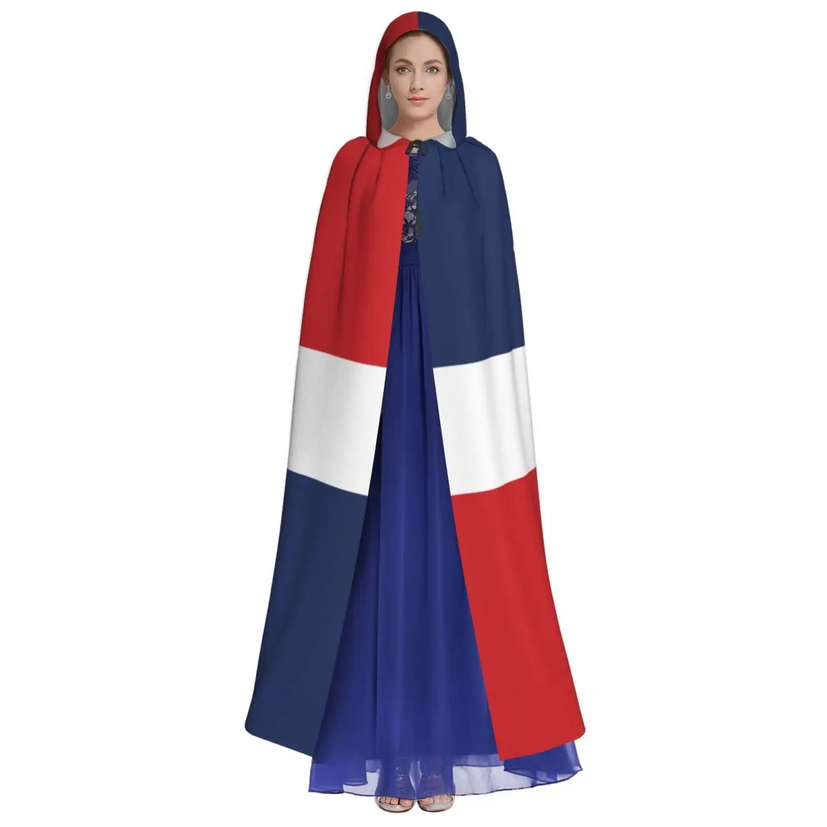 Adult Cloak Cape Hooded Dominican Republic Flag Medieval Costume Witch Wicca Vampire Elf Purim Carnival Party