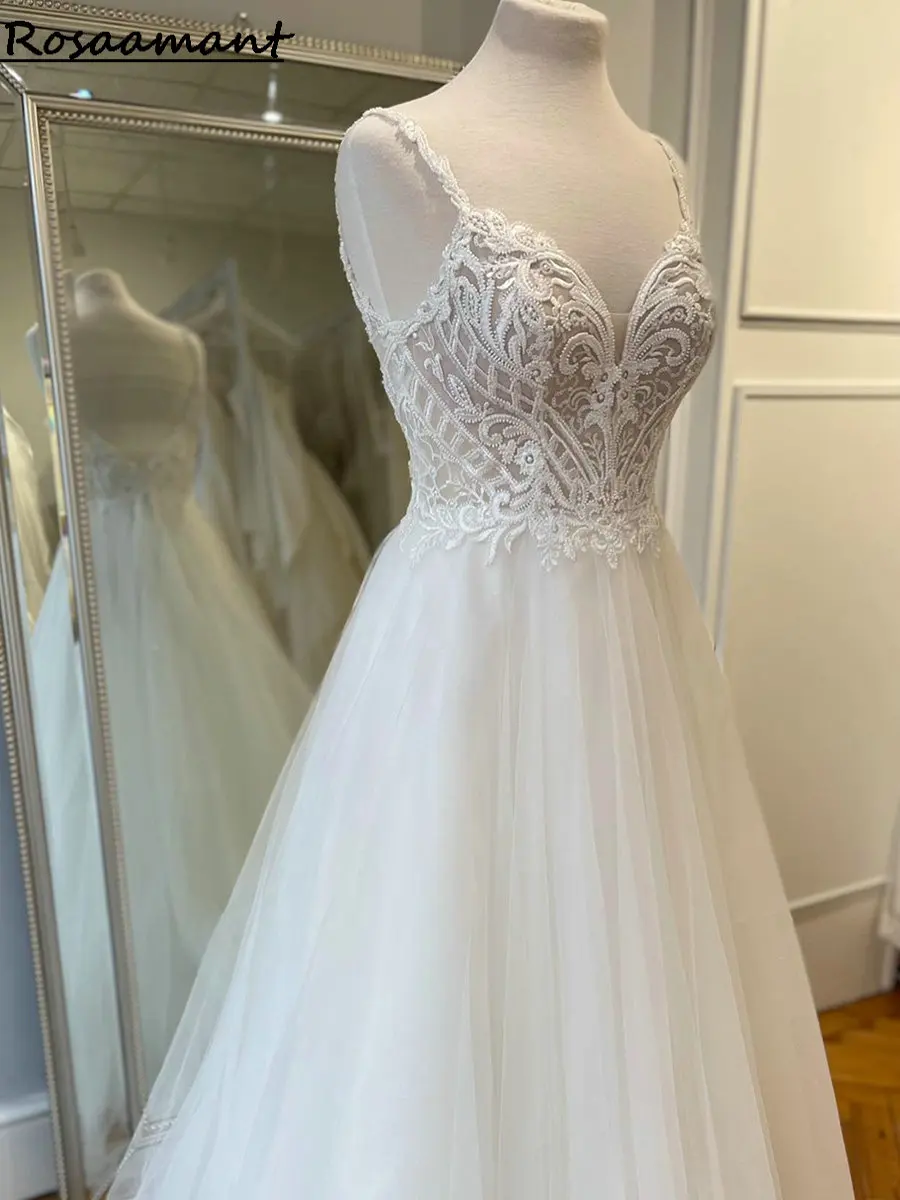 Real Image Illusion V-Neck Lace Appliques Wedding Dresses A-Line Spaghetti Straps Backless Bridal Gowns