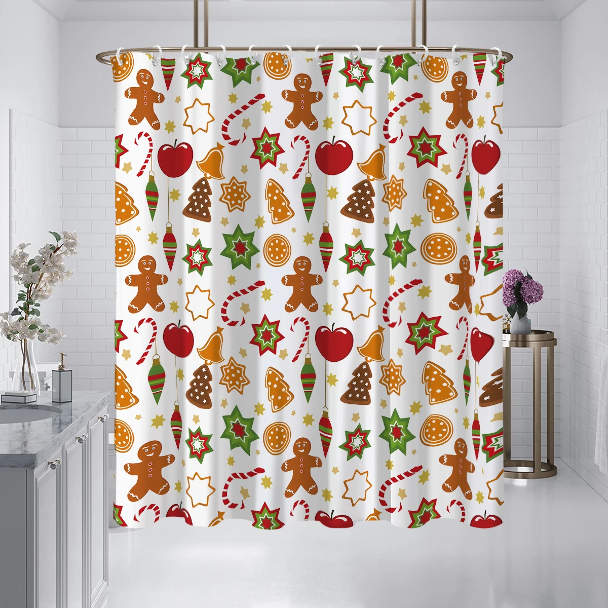 Christmas Gingerbread Man Print Shower Curtain w/ Hooks, Soft Fade Resistant Window Curtain for Bathroom, Chic Home Decor