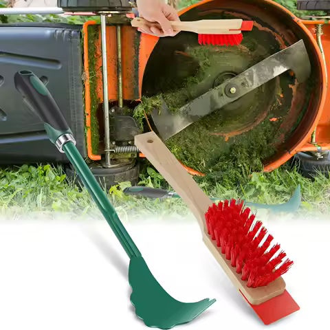 Mower Deck Scraper Deck Cleaner Tool with Stiff Bristle Brush Lawn Mower Longhandle Maintenance Scraper Cleaning Tool for Garden