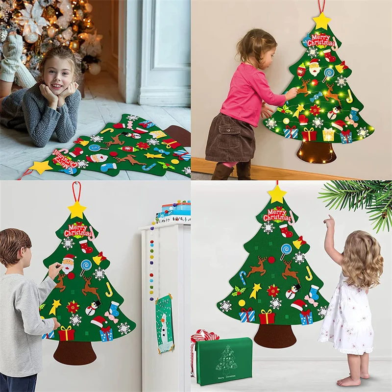 Árvore de natal de feltro iluminada diy, decorações de natal árvore de natal de suspensão de parede com luzes, árvore de natal de feltro para crianças