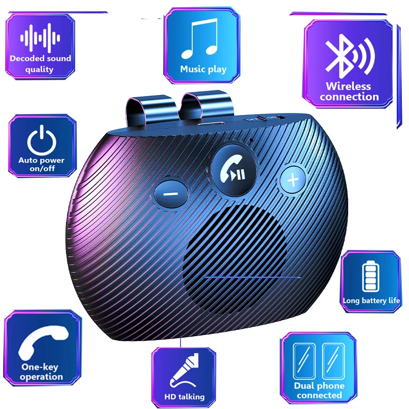 Wireless Audio Receiver Speakerphone Loud Music Player With Microphone Handsfree Car Kit Sun Visor Clip Bluetooth Chip V5.3