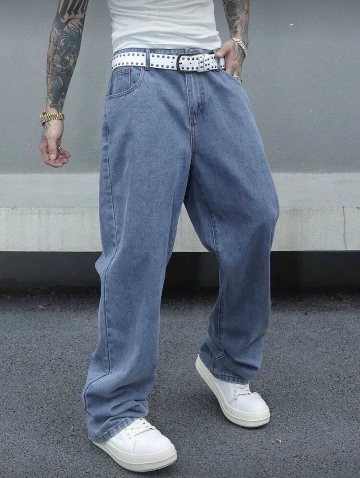 Vintage losvallende gewassen blauwe jeans voor heren, denimbroek met wijde pijpen en rechte pijpen, casual retrostijl, lichtblauw, comfort voor het hele seizoen