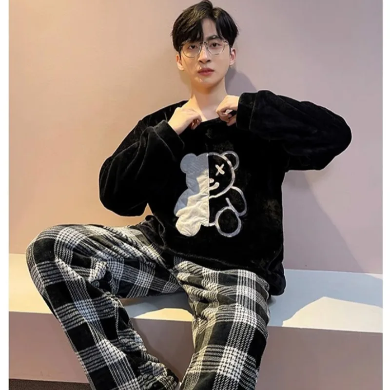 الرجال حجم كبير منامة المرجان المخملية الجولة الرقبة البلوز كم طويل بنطلون سهلة غسل في سن المراهقة منامة منقوشة بنطلون قطعتين قبالة