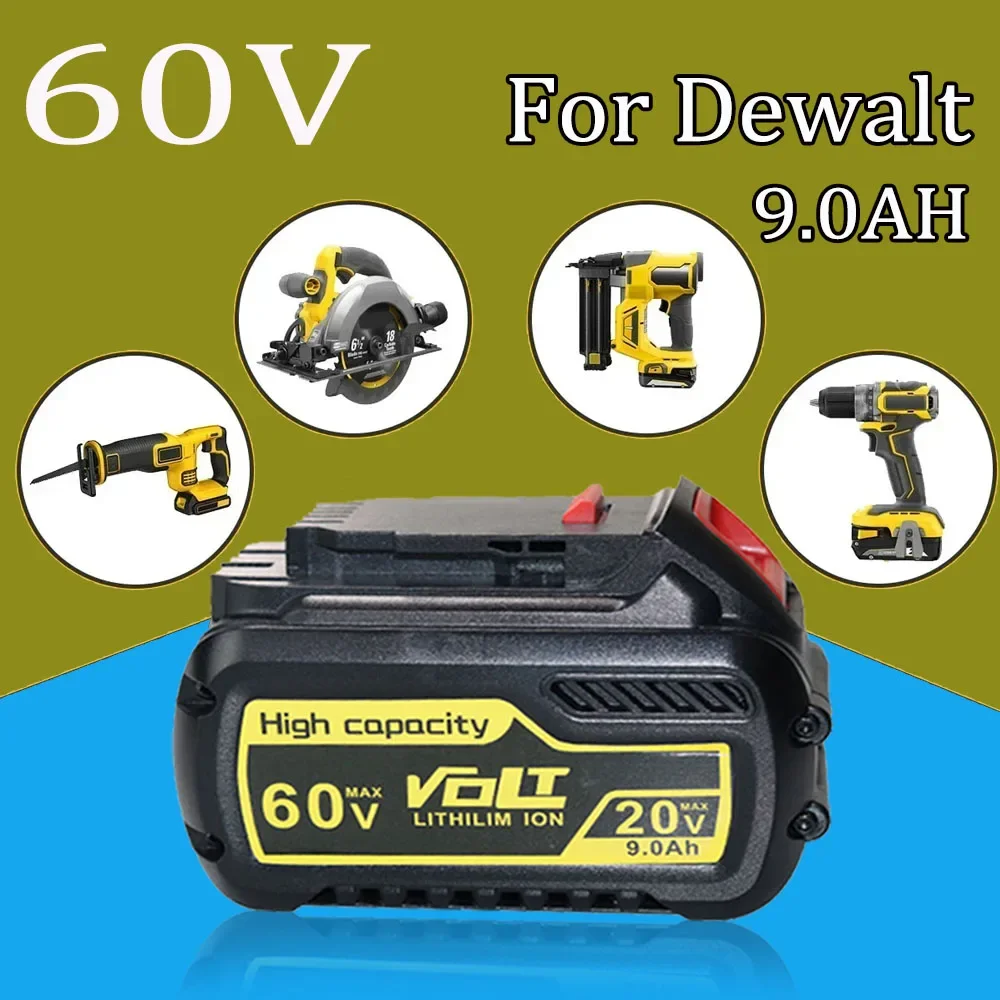 60V For Dewalt 9000mAh Li-ion Battery, Compatible DCB606  DCB609 DCB612 Work with All 20V/60V/120V Cordless Power Tools