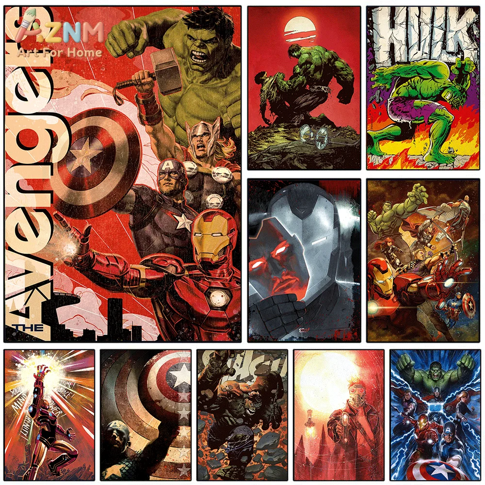 AZNM – toile murale rétro Avengers, super-héros, impression sans cadre, bande dessinée vintage, Hulk, Iron Man, Captain America, Thor, personnage, Poste