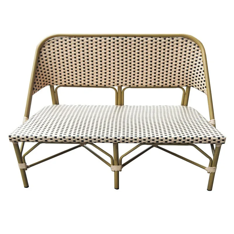 Outdoor rattan back bench, courtyard garden outdoor rest stool, aluminum alloy imitation wood grain double woven rattan chair