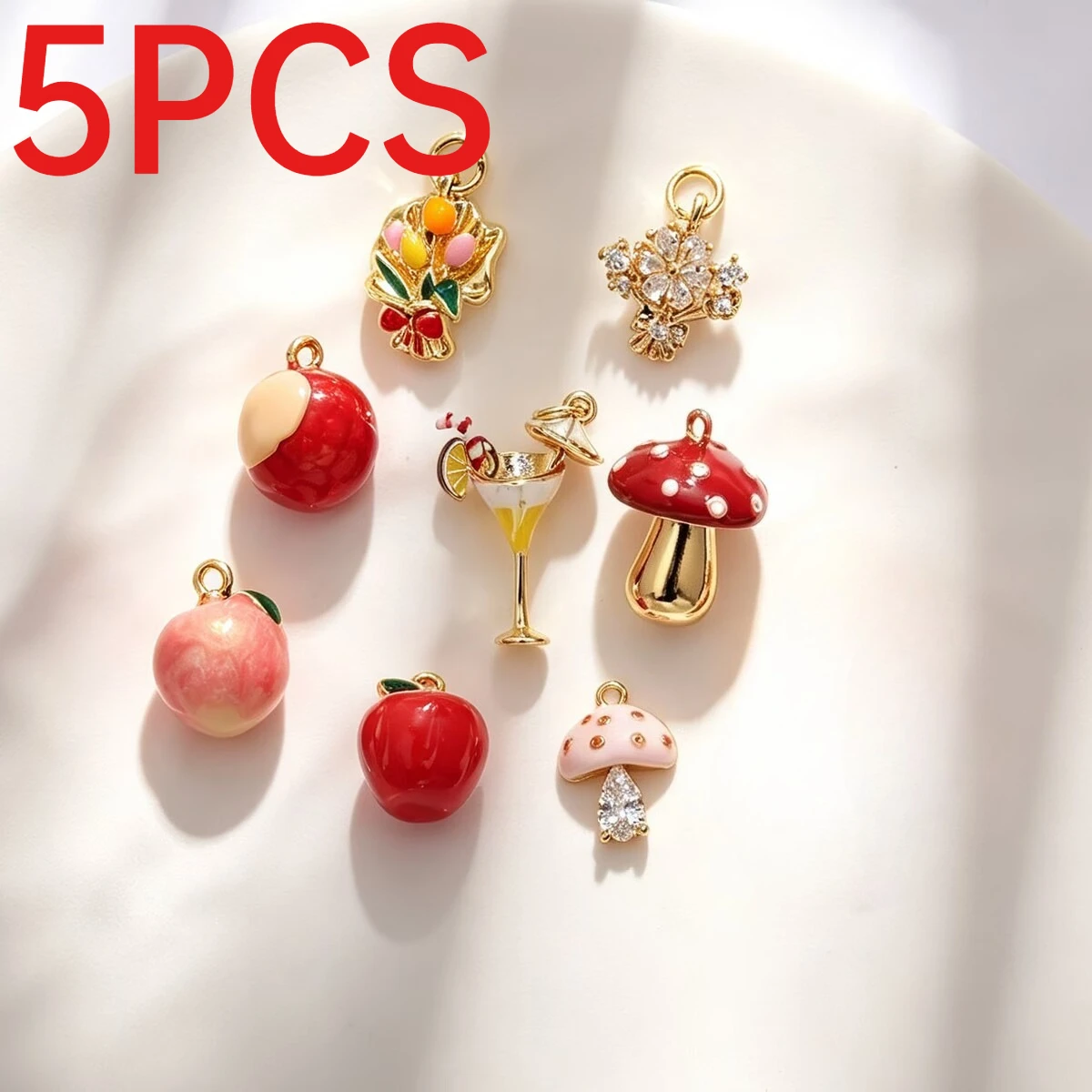 5Pcs Enamel Fruit Bouquet Peach Mushroom Lychee Pendants DIY Bracelet Necklace Making Charms