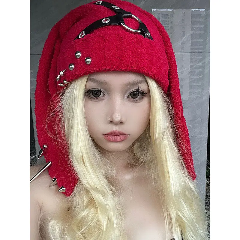 Girl Headdress Scarf Plush Warm Windproof Earflap Cap Scarf Woman Christmas Autumn Winter Rivet Leather Y2k Punk Rabbit Ear Hat