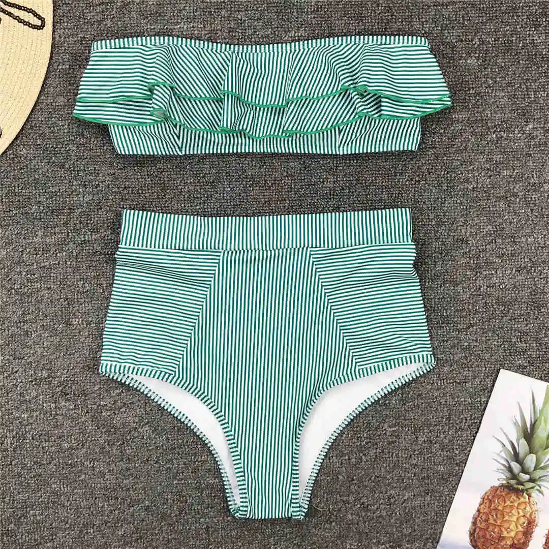 Gestreifter Bandeau-Bikini mit Rüschen, Damen-Badeanzug, hochtailliert, zweiteiliger Bikini, Badebekleidung, Badeanzug, Modell V1183. – Detail 20
