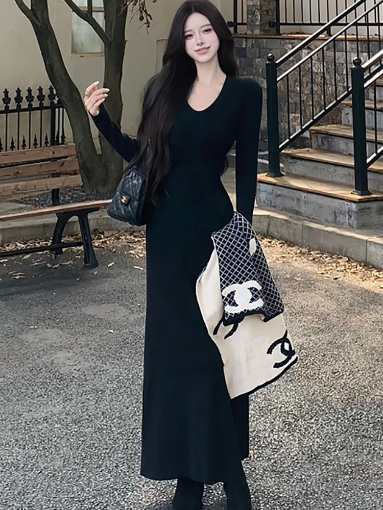 2025 جديد مخطط محبوك شيك ضمادة فستان ماكسي المرأة الكورية خمر Bodycon فستان فاخر الخريف الشتاء فساتين سترة أنيقة #5