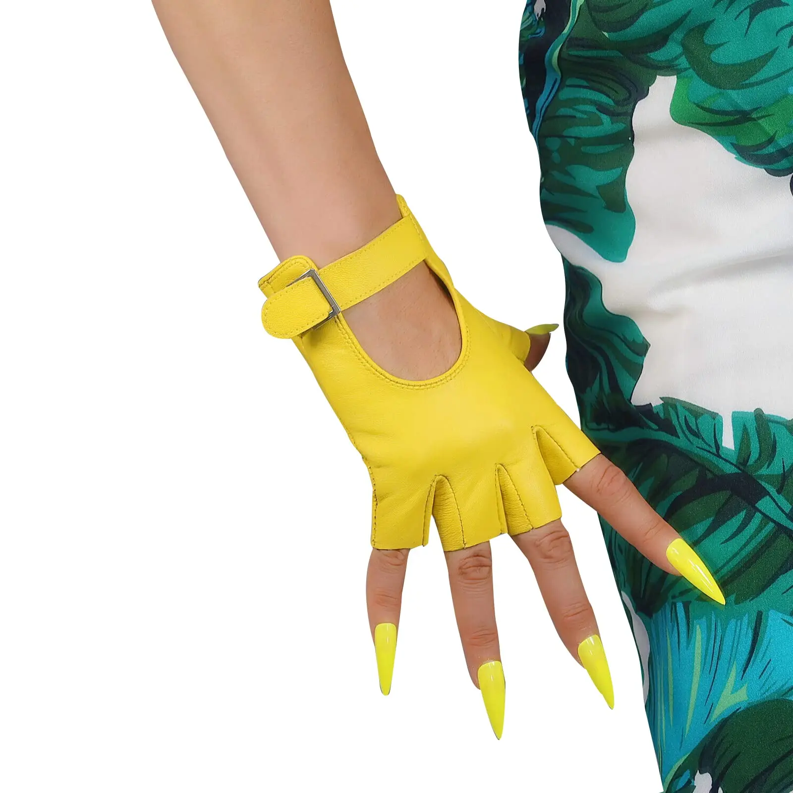 

Women's Yellow GLOVES REAL LEATHER Fingerless Genuine Sheepskin Half Finger Wrist Short Cool Outdoor Cycling Car Driving Glove