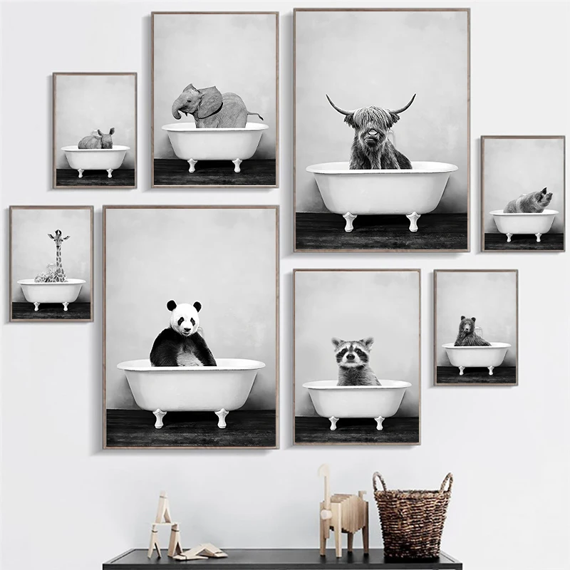 

Nordic Poster Print for Living Room, Wall Art, Canvas Painting, Picture, Animal Take Bath, Rhino, Raccoon, Giraffe, Elephant