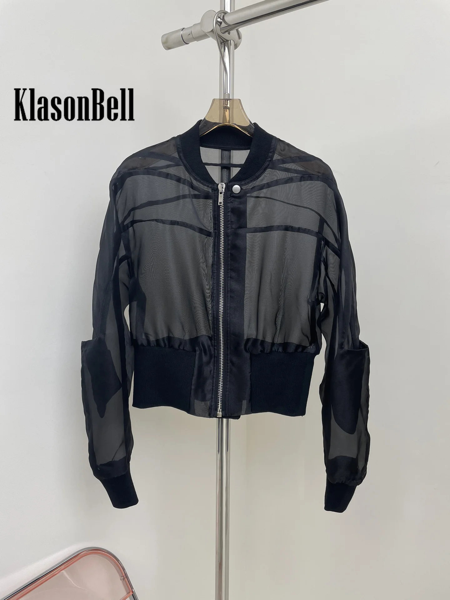 8.27 KlasonBell Women Clothes Black Organza Sheer Sun Zipper Short Jacket Ribbed Spliced Stand Collar Long Sleeve Thin Coat