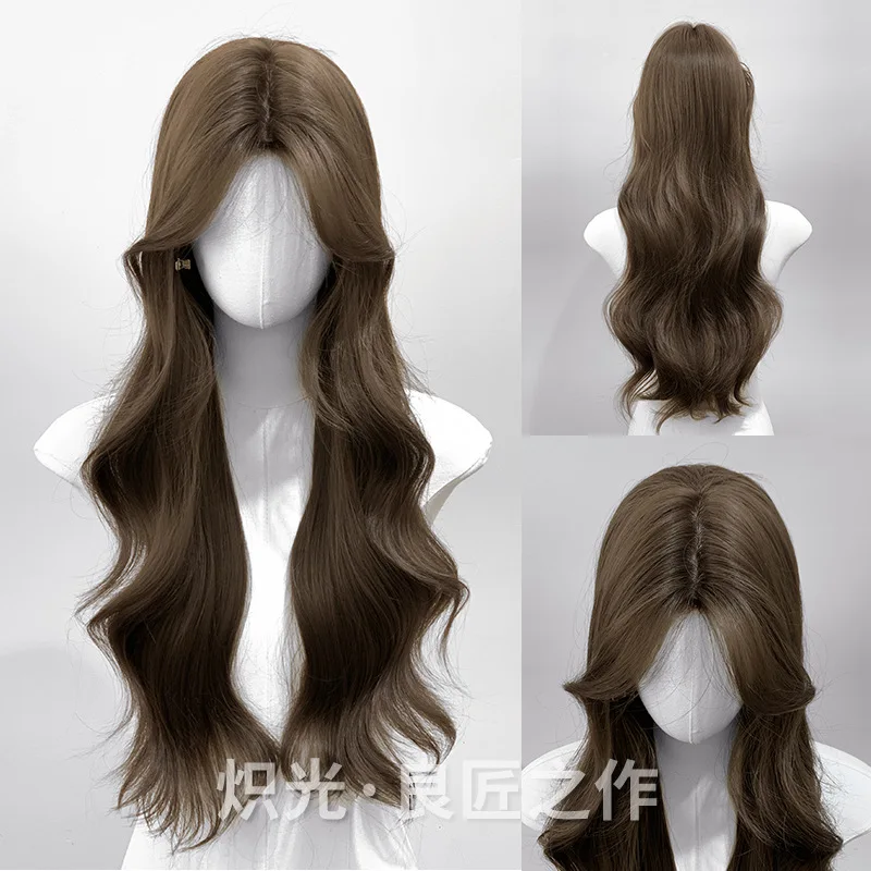Gray-brown long wavy curly hair wig, fashionable full headpiece for women