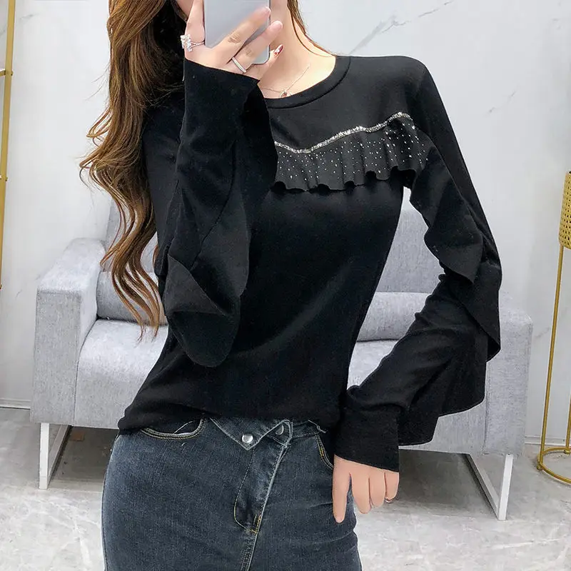 Spring Autumn New Fashion Round Neck Long Sleeve Solid T-Shirts T-Shirts Ruffles Diamonds Pullovers Simplicity Patchwork Tops