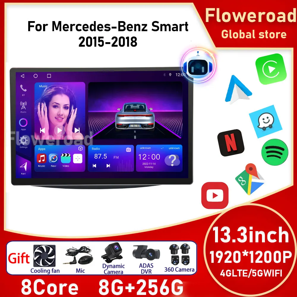 13 inch Android For Mercedes Smart 453 Fortwo 2014 - 2020 Autoradio Car Radio Multimedia Player QLED Carplay Screen Monitor Auto